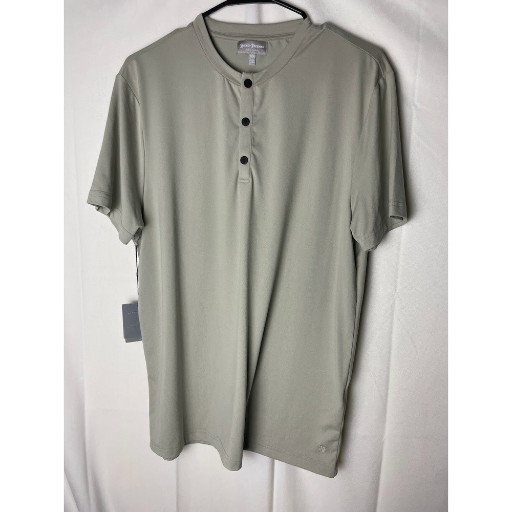 Hickey Freeman Men's Short Sleeve Polyester Henley Green Gray Size Medium NWT